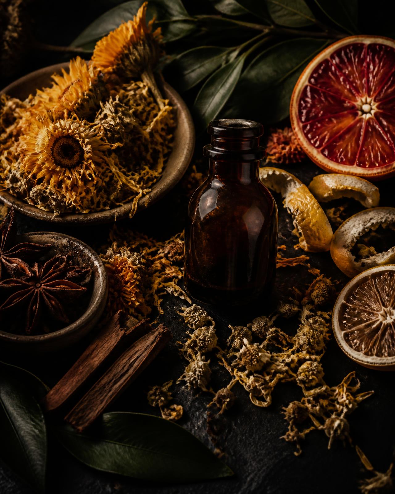 Dried herbs, citrus, spices, and an amber apothecary bottle