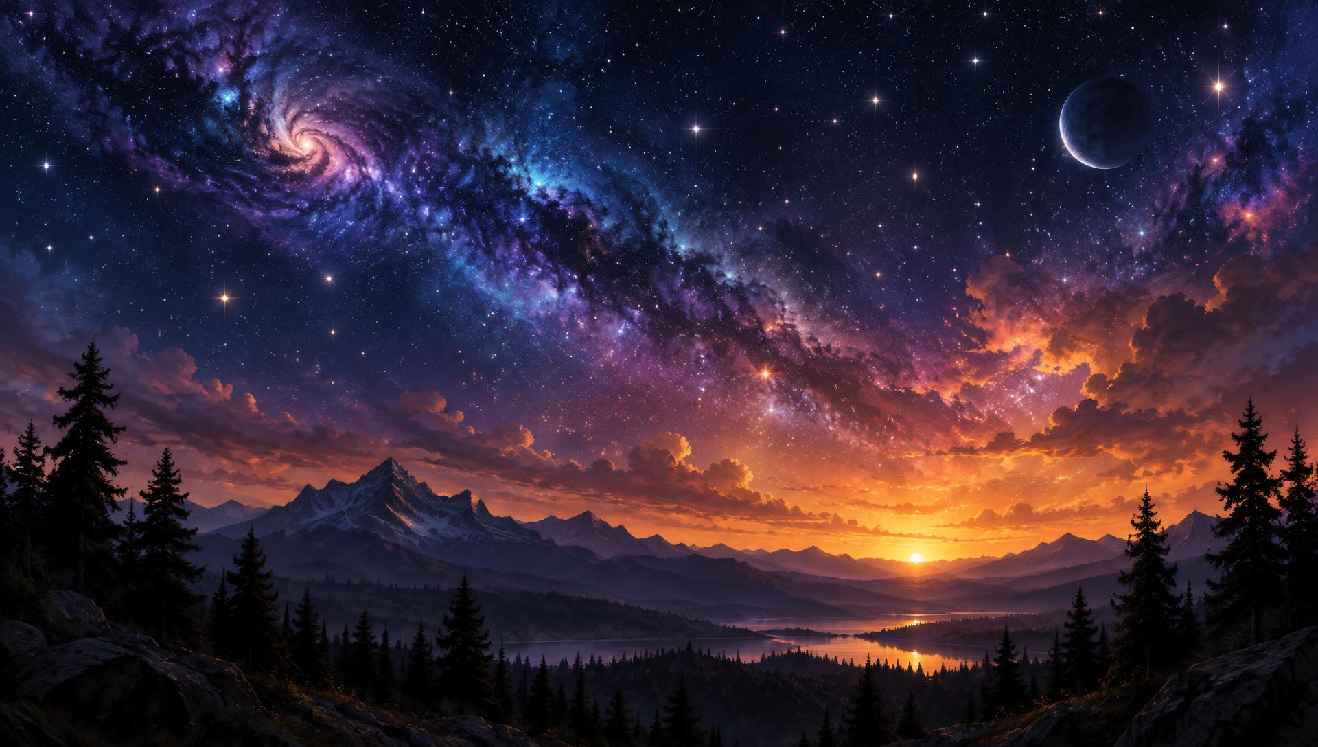 A star-filled dusk sky over silhouetted mountains and pine trees